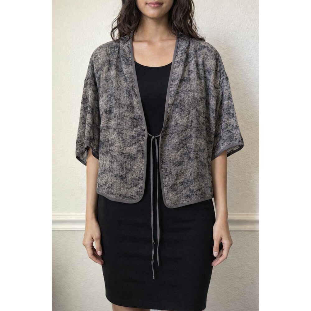 Eileen Fisher Organic Linen Gauze Strata Kimono Jacket Silk Trim Black Size XS